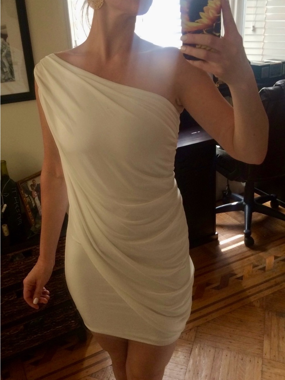 BCBGMaxAzria One-Shoulder Ruched Cream Dress